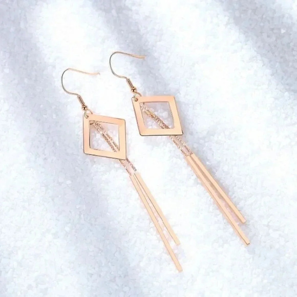S925 Rose Gold Geometric Drop Bar Dangle Earrings - Picture 1 of 4